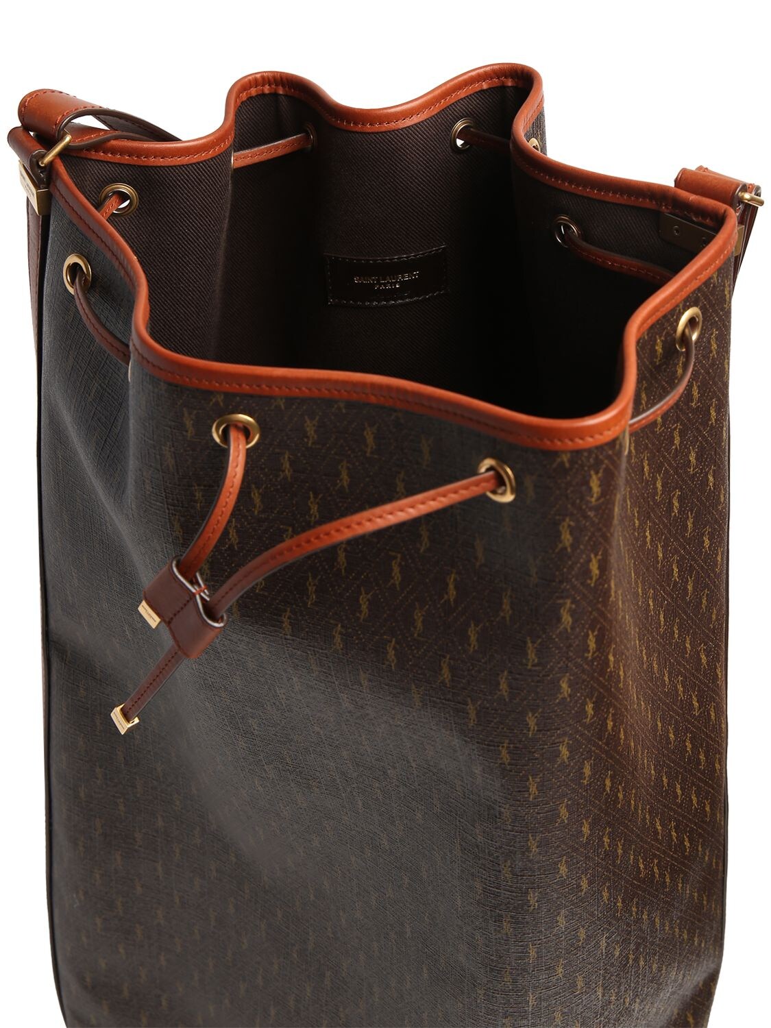 Ysl Monogram Striped Drawstring Bucket Bag In 2166 Chocolate Mu