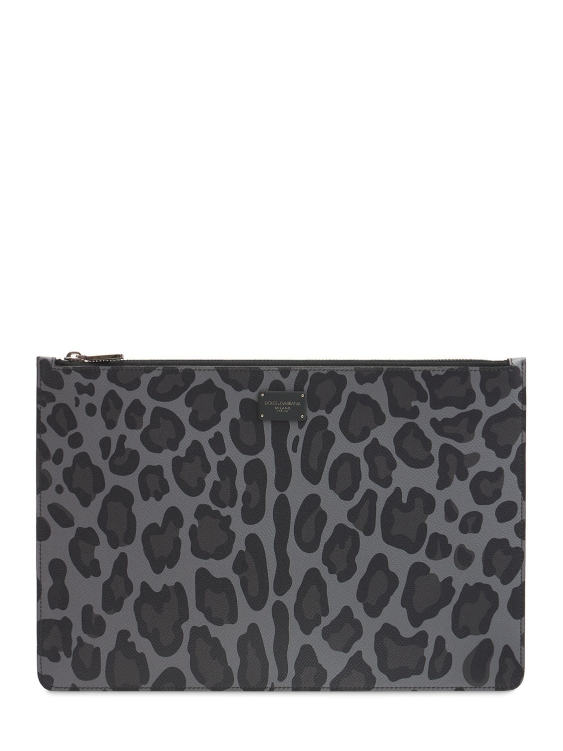 Logo Plaque Leopard Print Leather Pouch