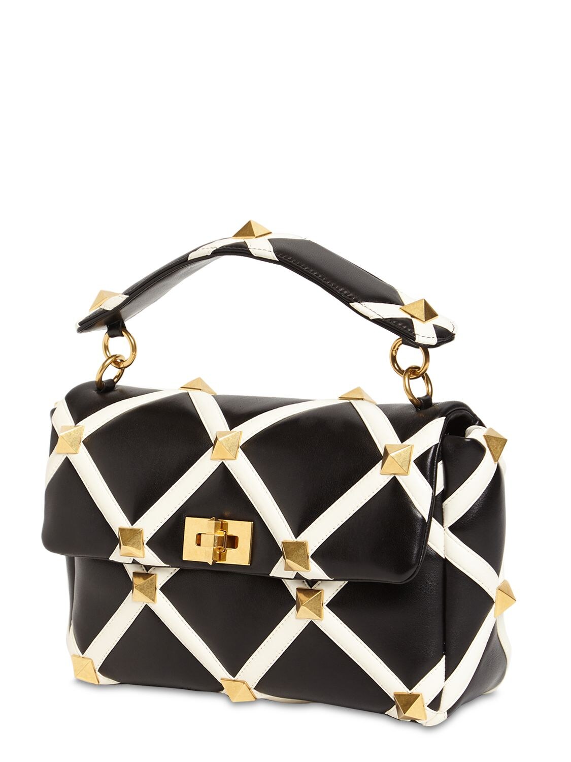 Valentino Garavani Large Roman Stud Inlay Leather Shoulder Bag In Black,ivory