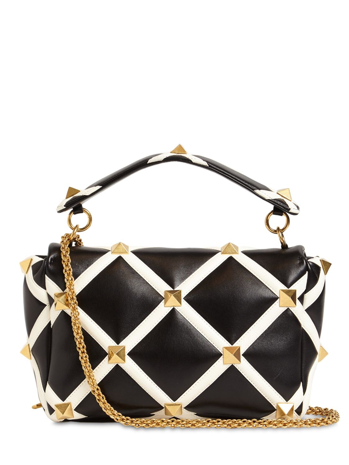 Valentino Garavani Large Roman Stud Inlay Leather Shoulder Bag In Black,ivory