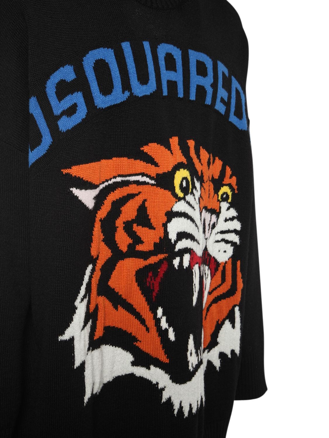 Dsquared2 Logo Tiger Intarsia Wool Knit Sweater In Black