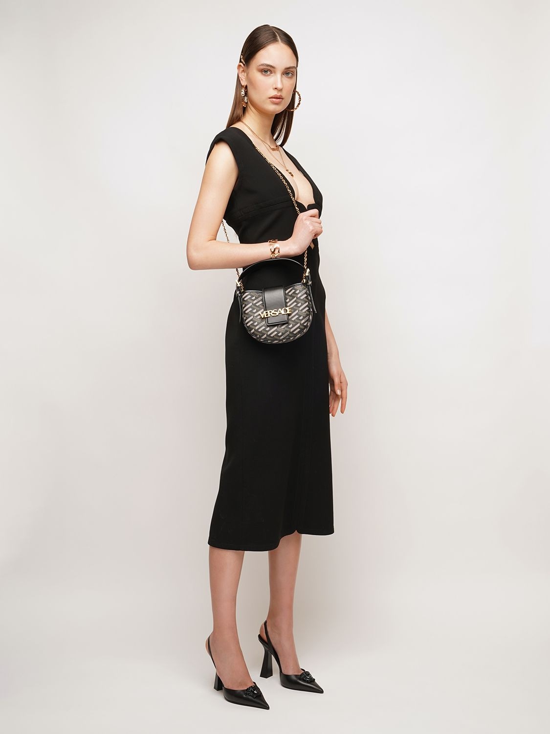 Versace Monogram Canvas & Leather Shoulder Bag In Black,khaki