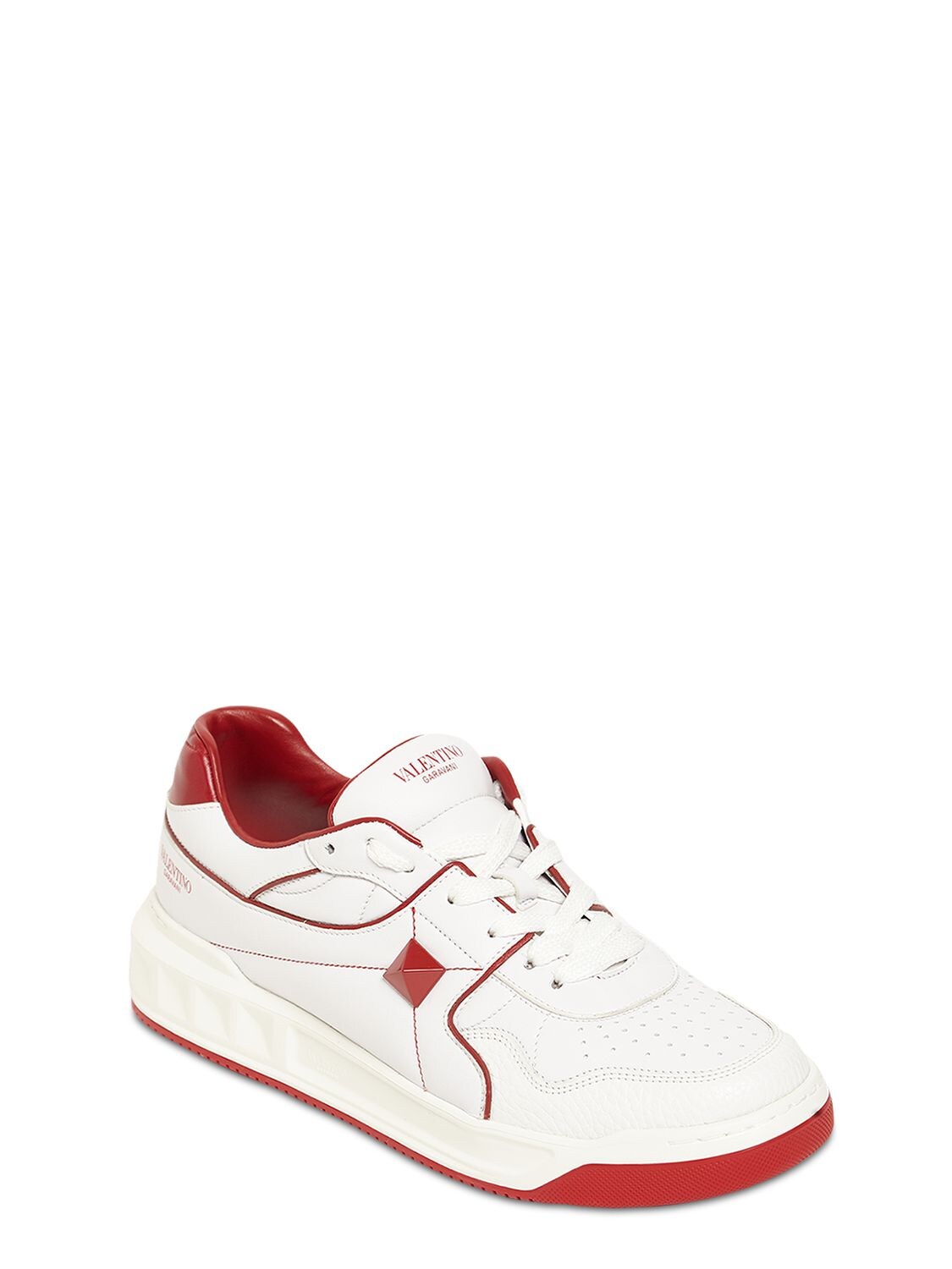 Shop Valentino Mid-top Leather Sneakers W/studs In White,red