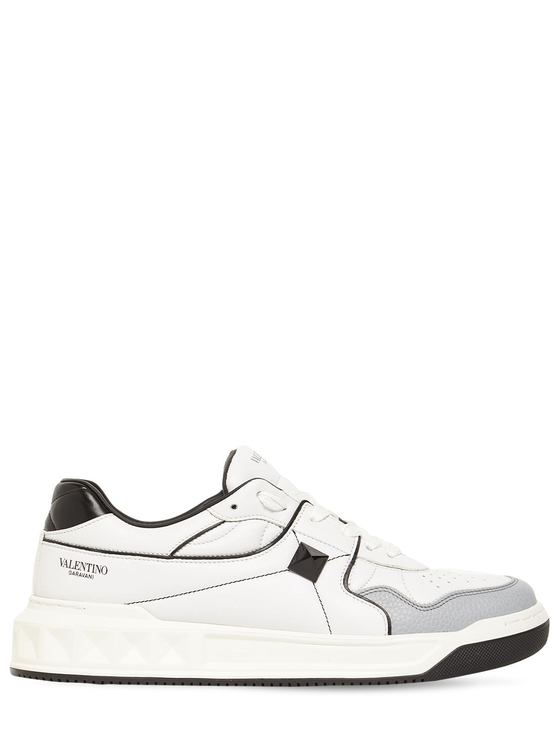 Shop Valentino Mid-top Leather Sneakers W/studs In White,black