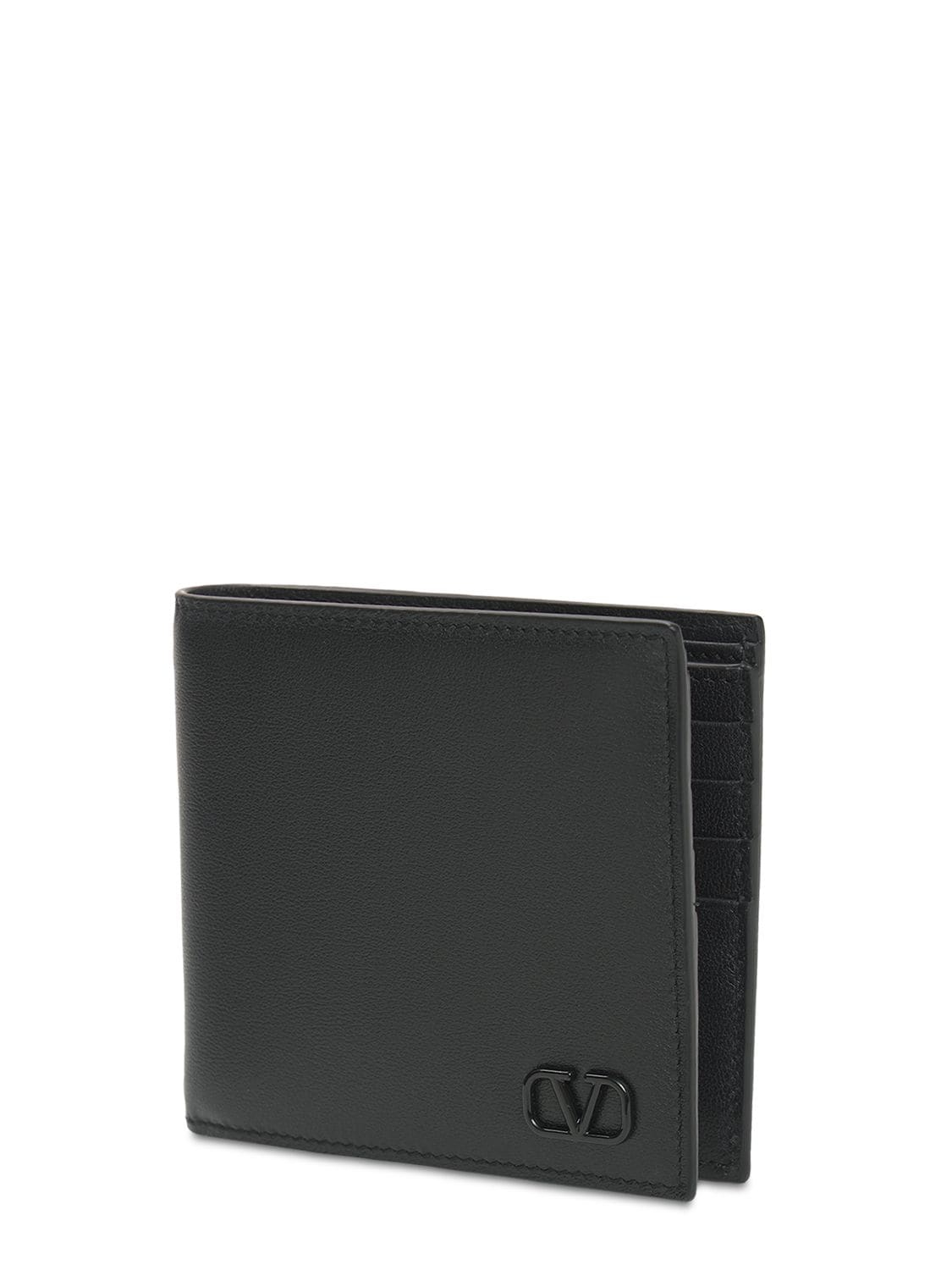 Shop Valentino Metal Logo Leather Billfold Wallet In Black