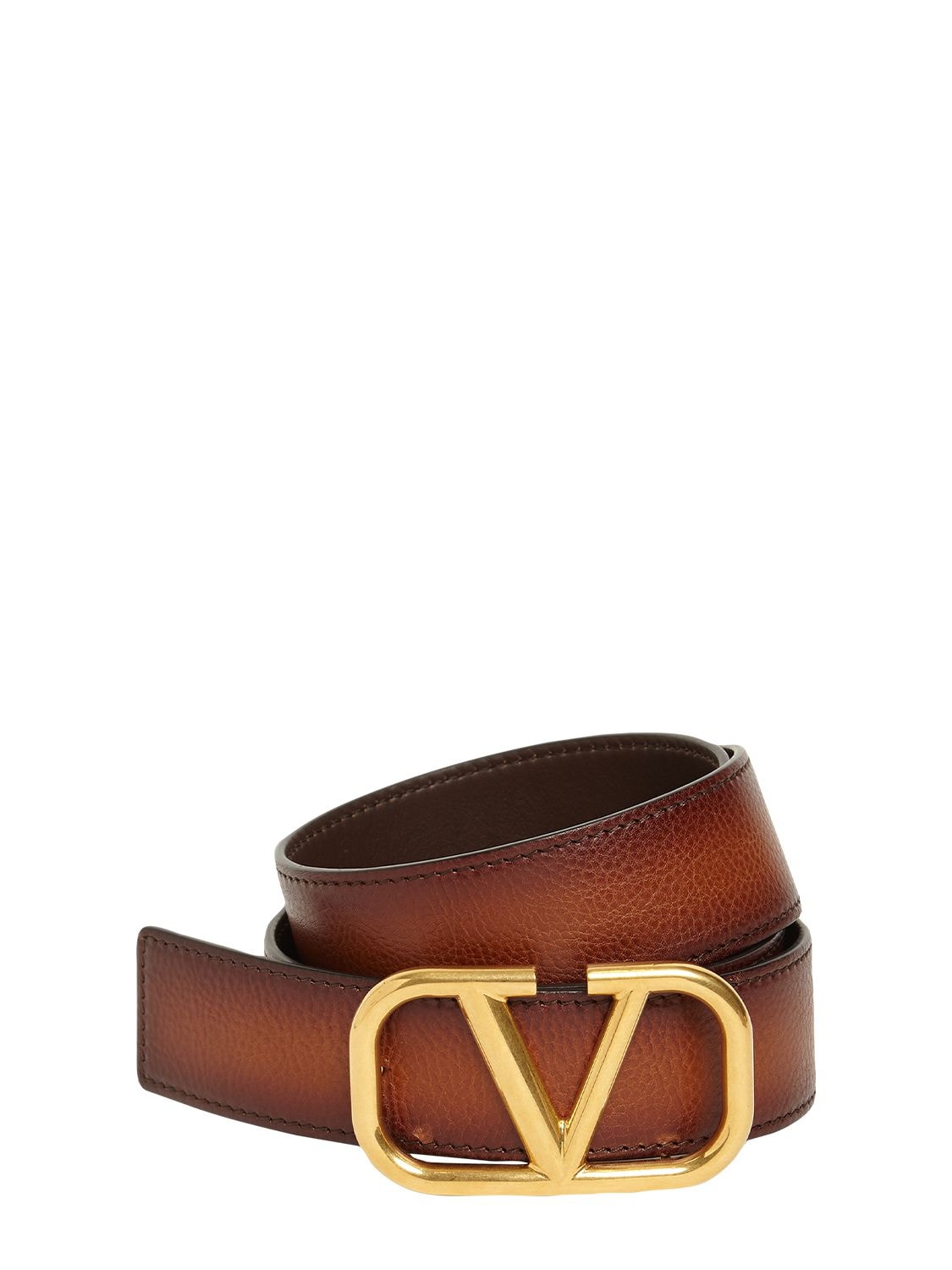 Valentino Garavani 3.5cm V Buckle Leather Belt In Tan