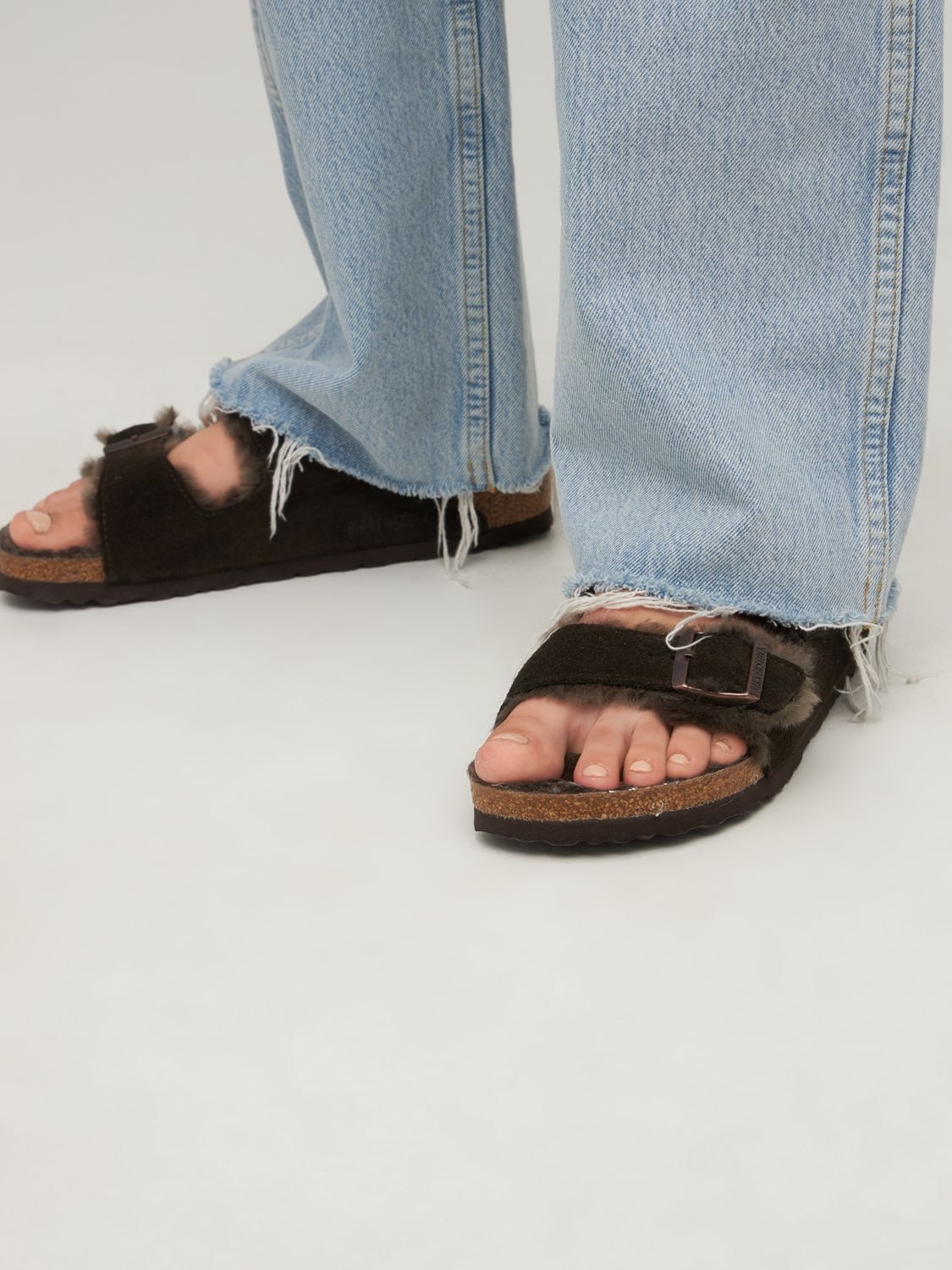 Shop Birkenstock Arizona Shearling & Suede Sandals In Dark Brown