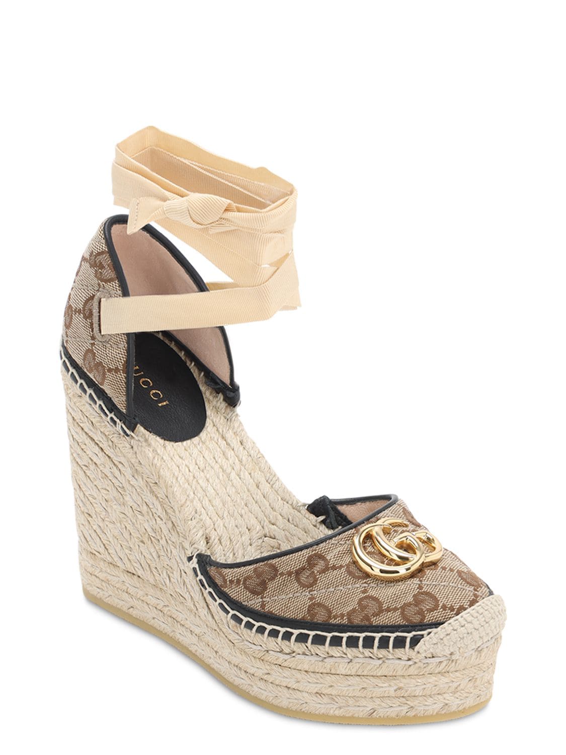Shop Gucci 120mm Pilar Quilted Canvas Espadrilles In Brown,black