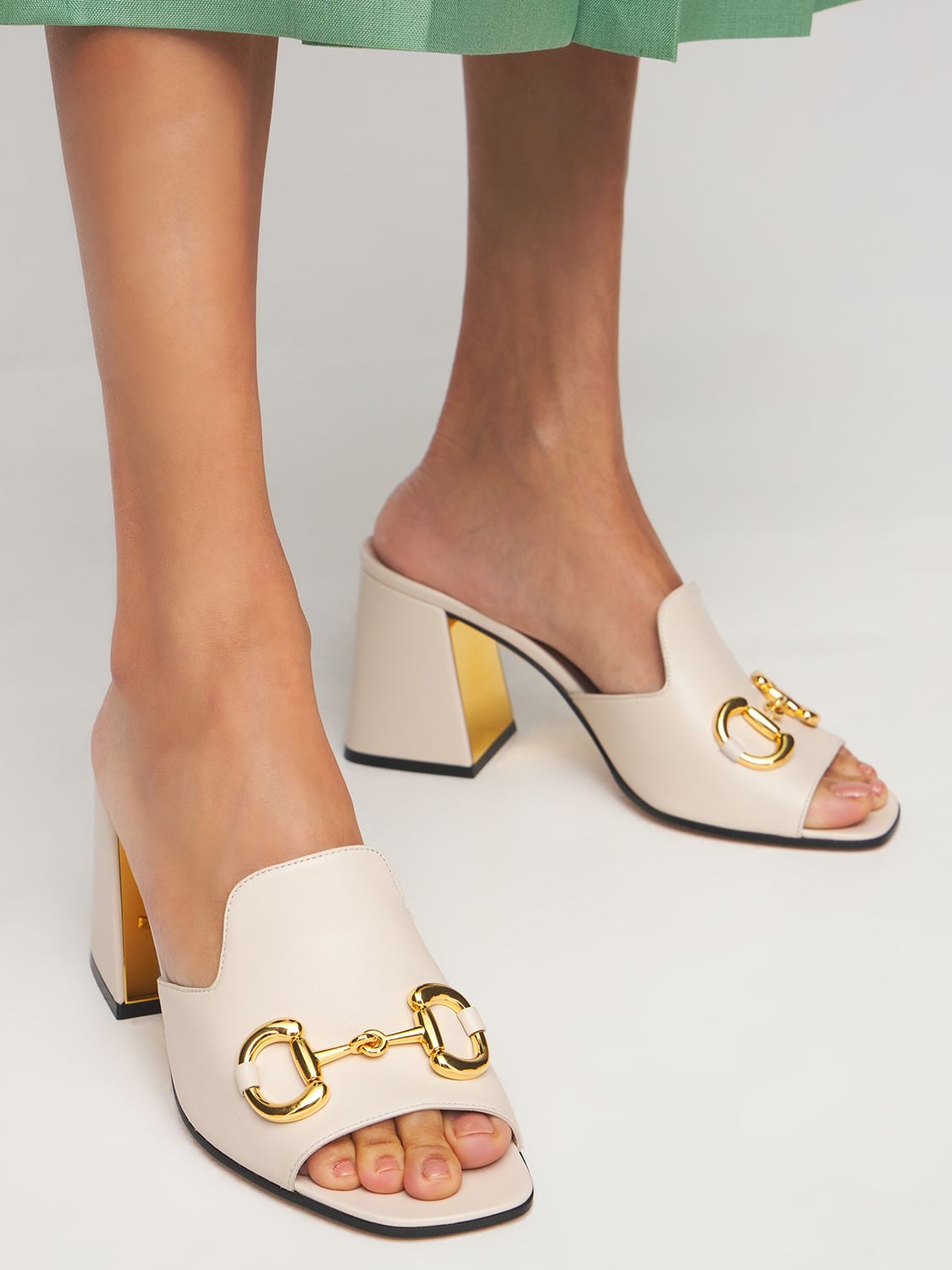 Shop Gucci 75mm Baby Leather Mules W/ Horsebit In White
