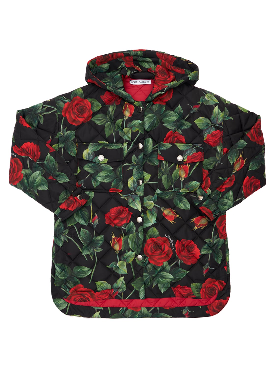 Dolce & Gabbana Kids' Rose Print Nylon Hooded Puffer Jacket In Multicolor