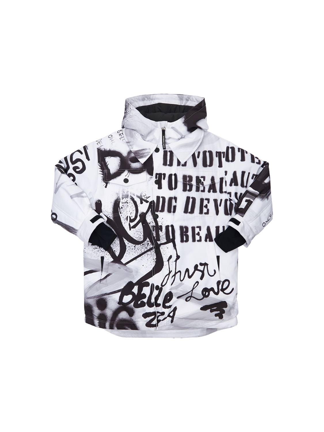 Dolce & Gabbana Kids' Printed Hooded Nylon Ski Puffer Jacket In Black,white