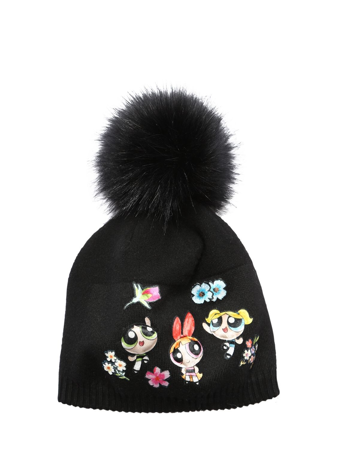 Monnalisa Babies' Wool Blend Tricot Hat W/ Faux Fur Pompom In Black