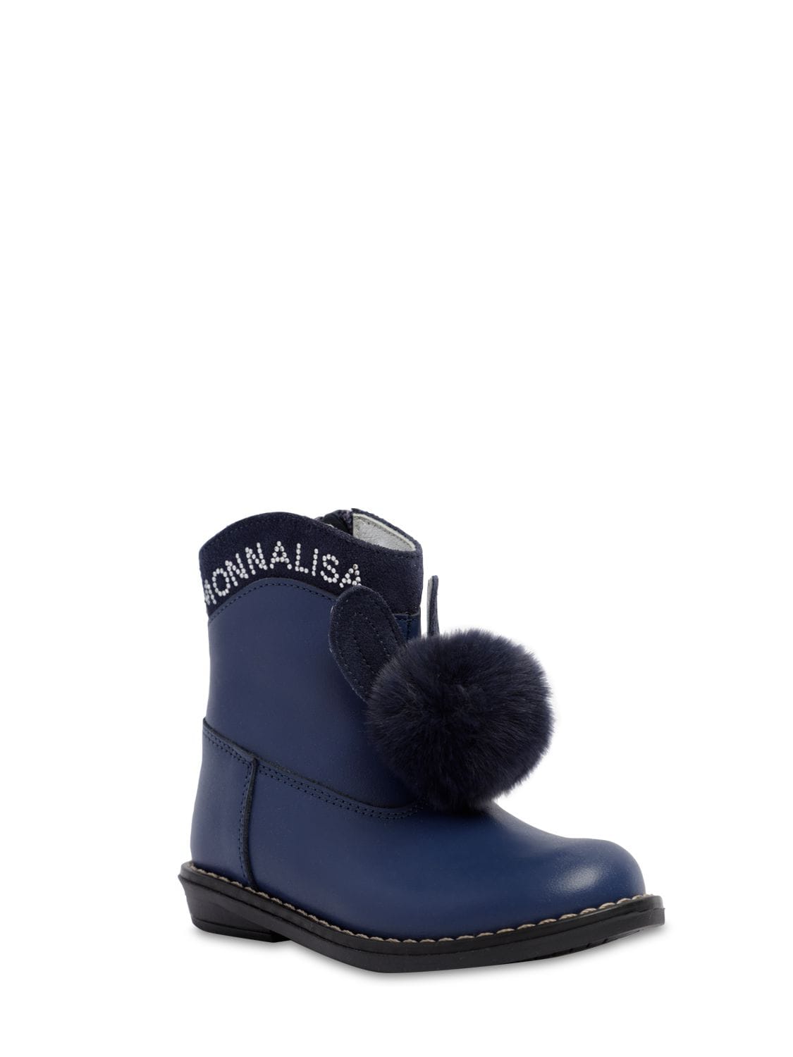 Monnalisa Kids' Leather Boots W/ Faux Fur Pompom In Navy