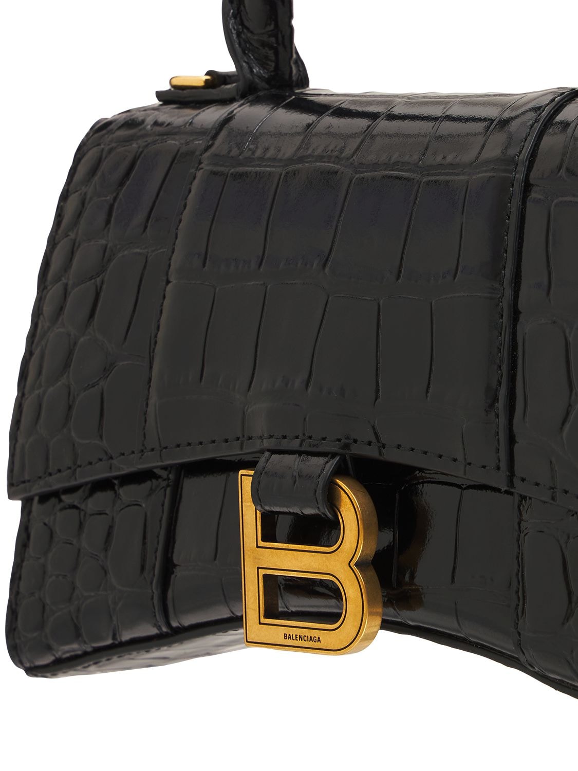 Shop Balenciaga Xs Hourglass Croc Embossed Leather Bag In Black