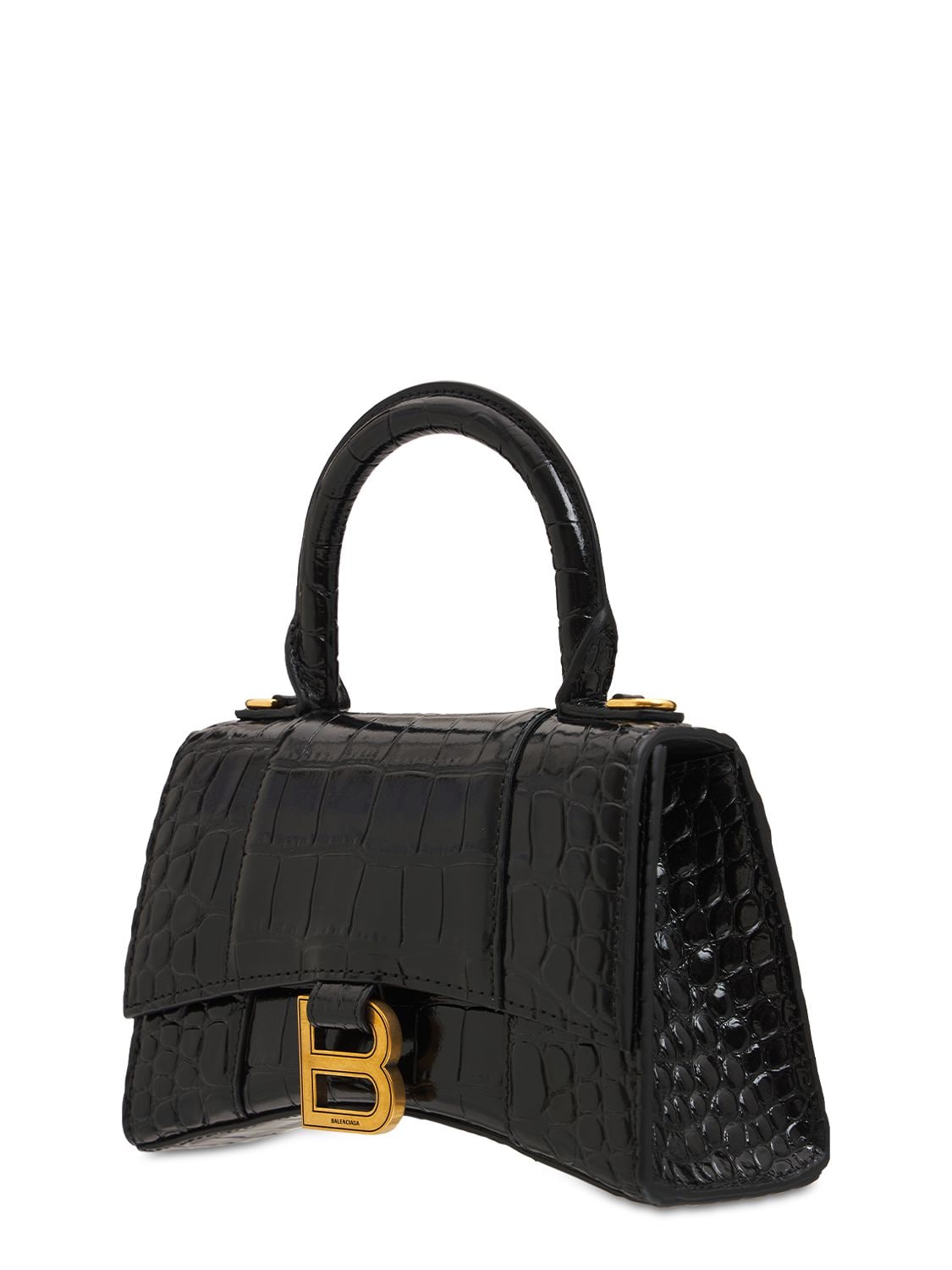 Shop Balenciaga Xs Hourglass Croc Embossed Leather Bag In Black