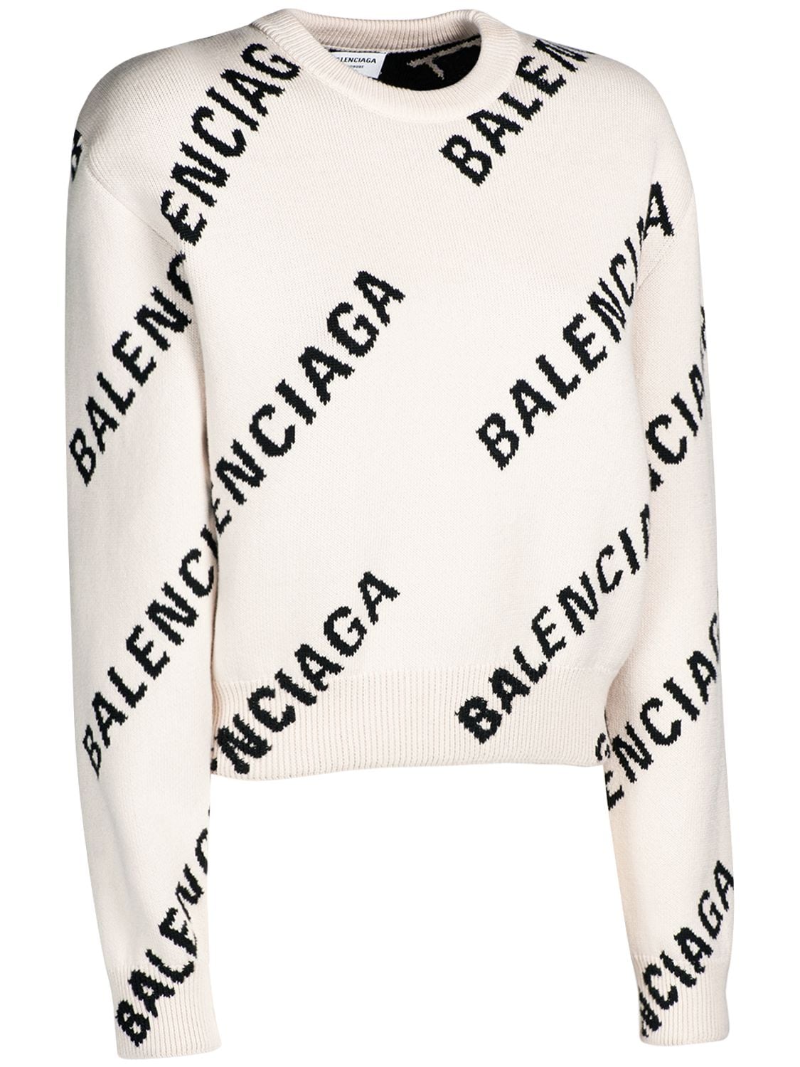 Shop Balenciaga Logo Cotton Blend Knit Crewneck Sweater In White,black