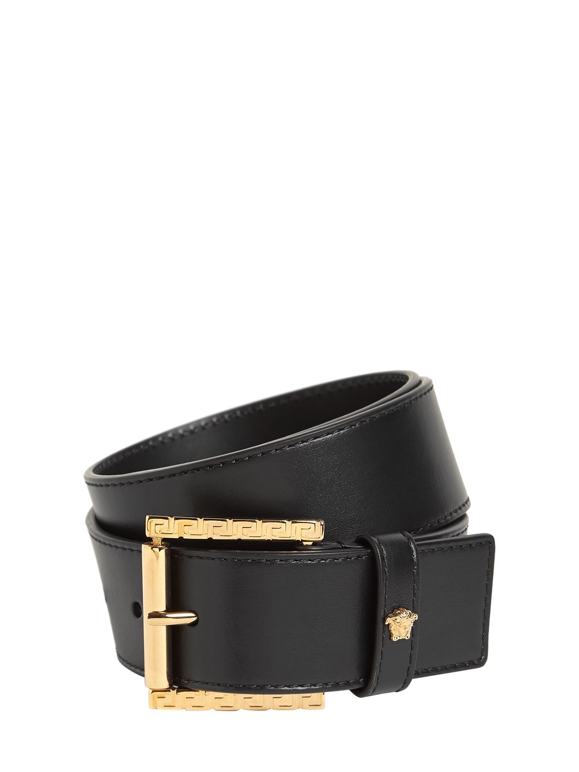 Versace 4cm Trigreca Details Leather Belt In Black,gold
