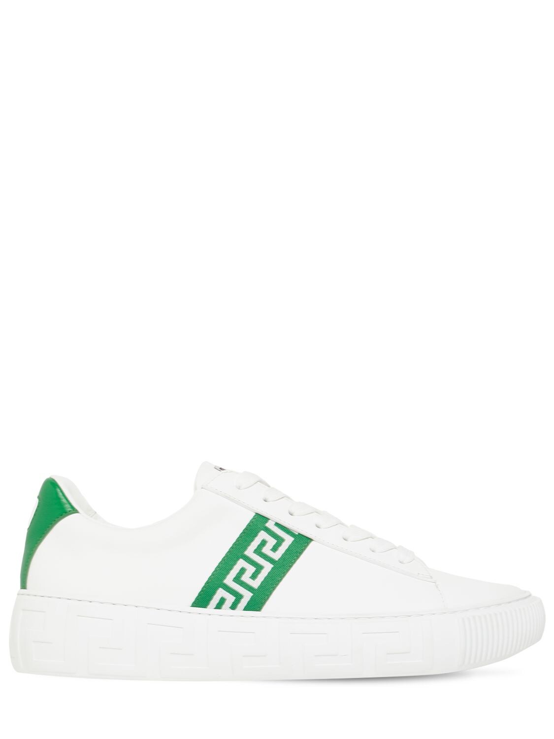 Versace Greek Motif Leather Sneakers In Bianco Bright Green | ModeSens