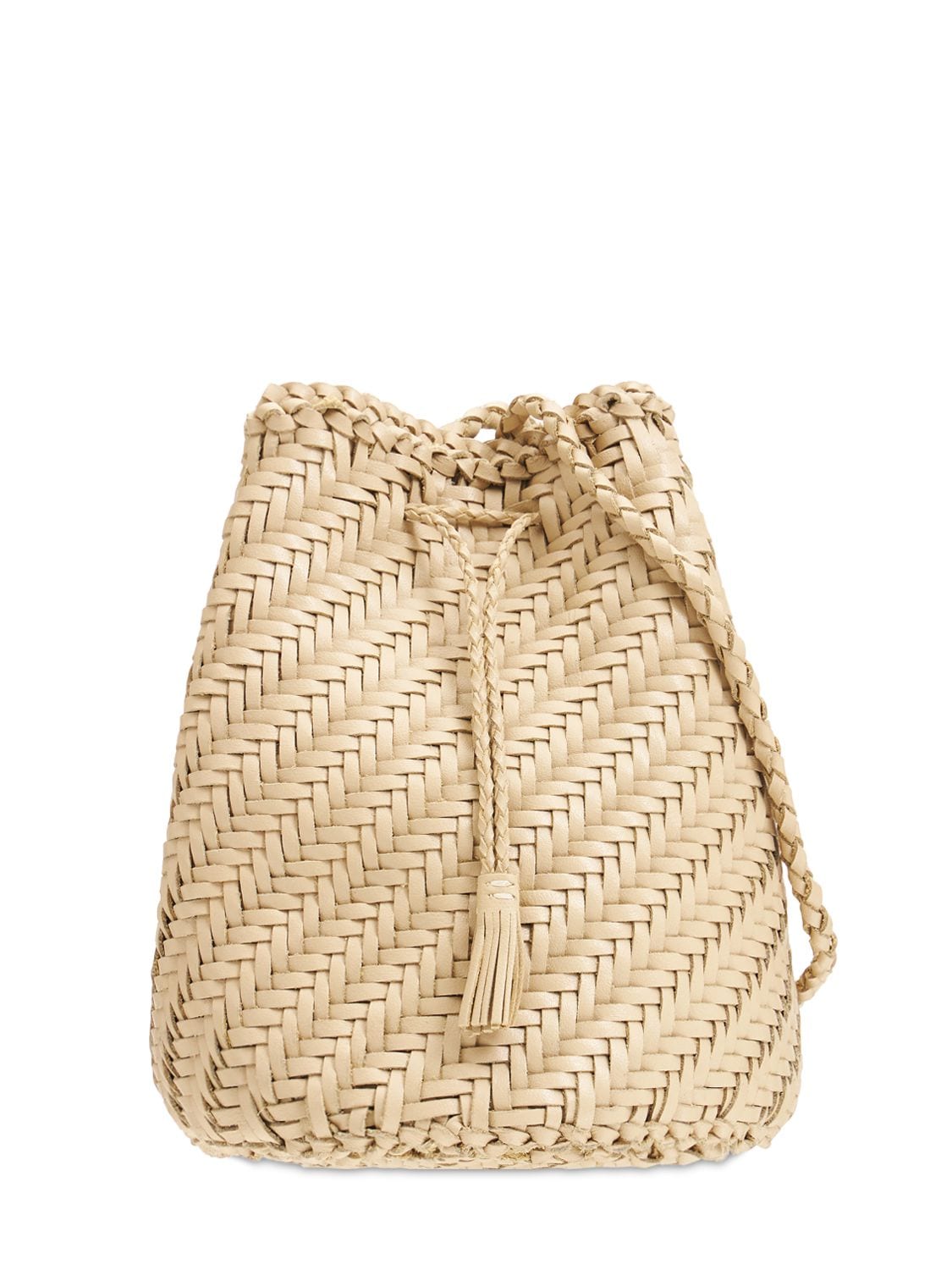 DRAGON DIFFUSION Pompom Doublej Woven Leather Basket Bag