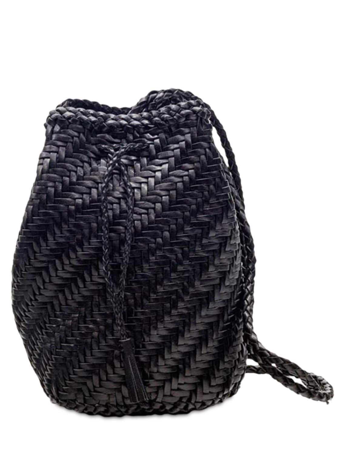 Dragon Diffusion Pompom Doublej Woven Leather Basket Bag In Schwarz