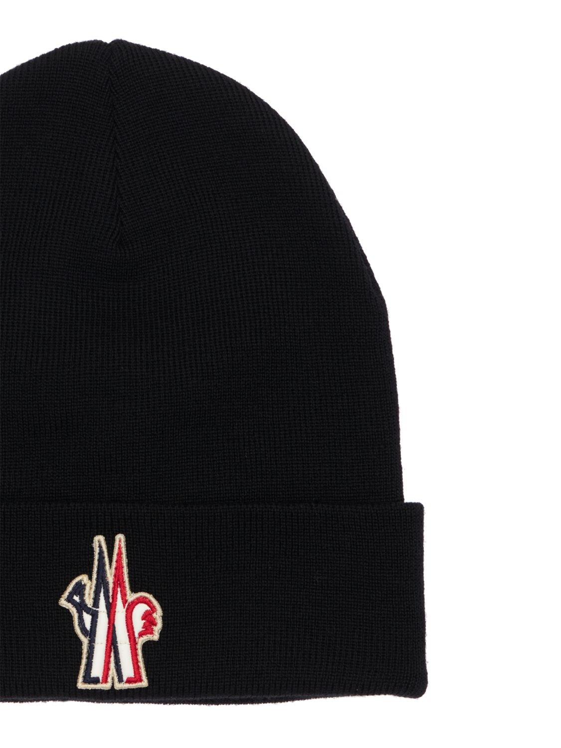 Shop Moncler Logo Wool Knit Beanie Hat In Black