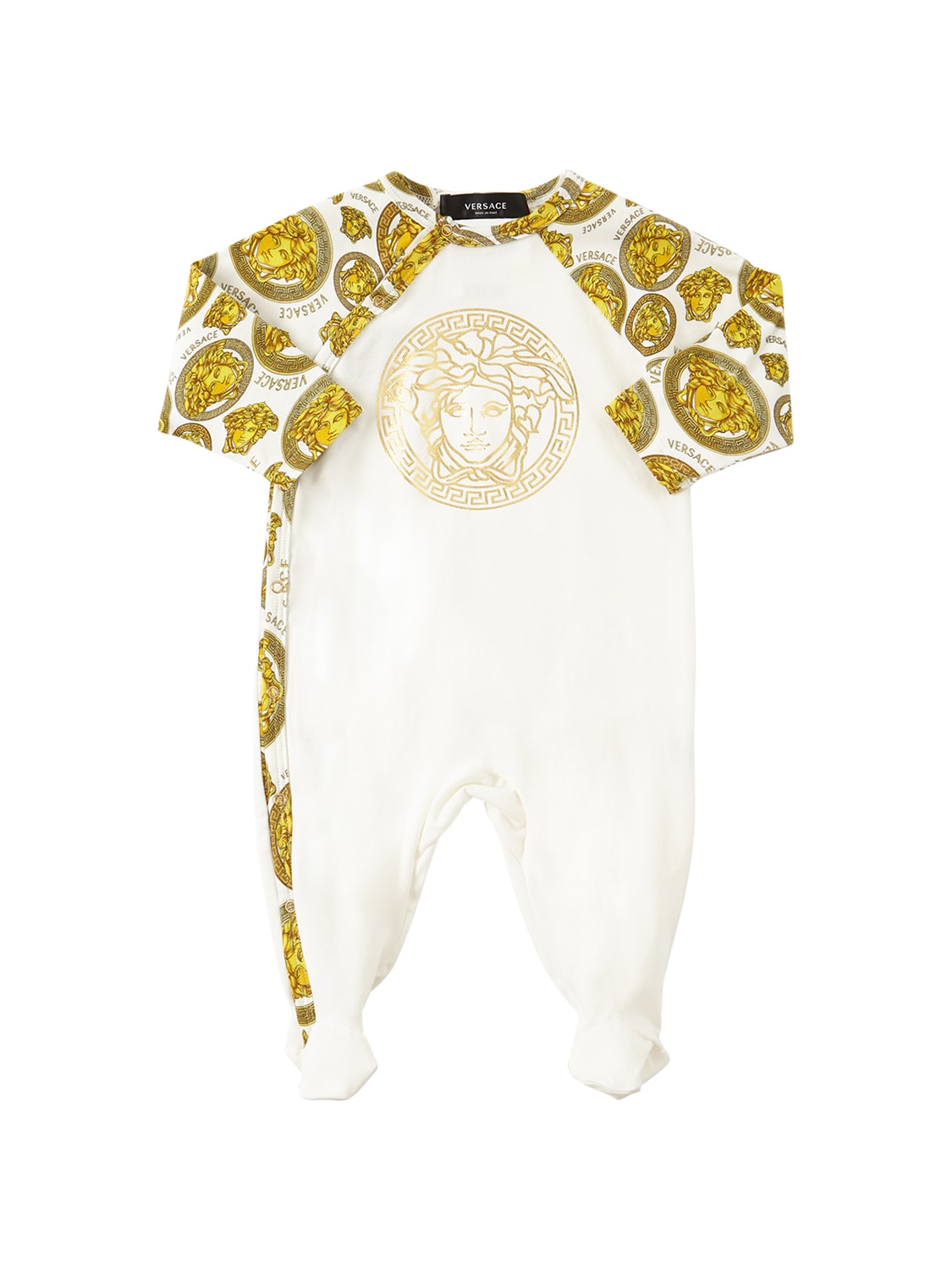 Versace Babies' 印花长袖棉质平纹针织连体衣 In White,gold