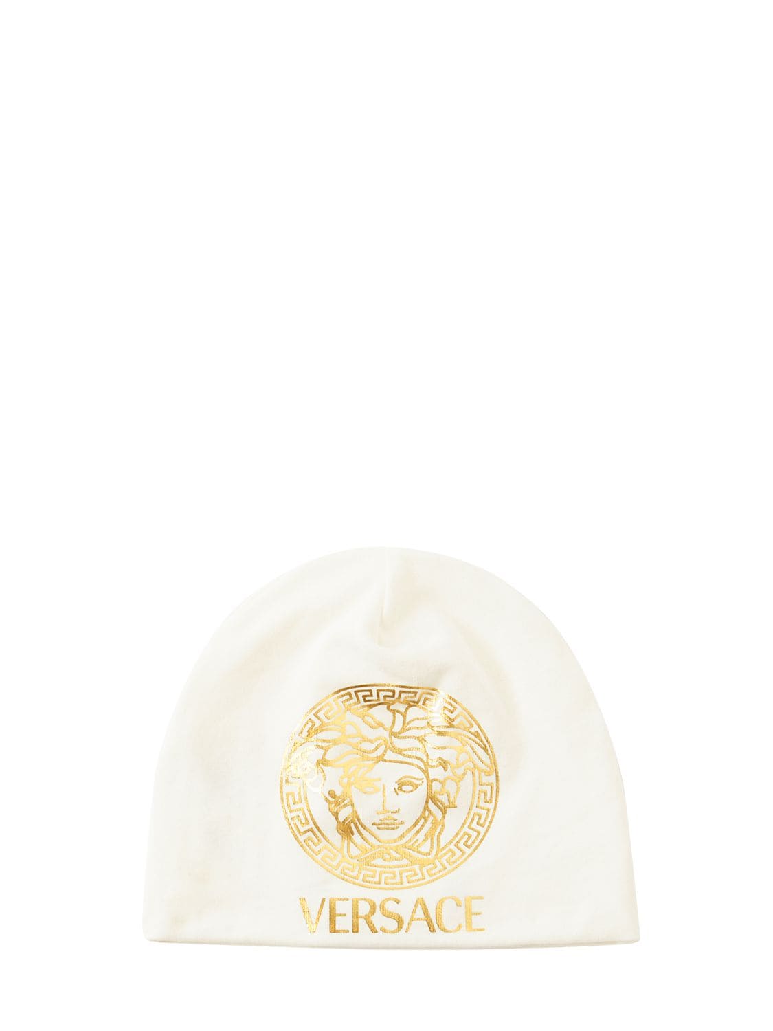 Versace Babies' Medusa Print Cotton Jersey Hat W/ Logo In White