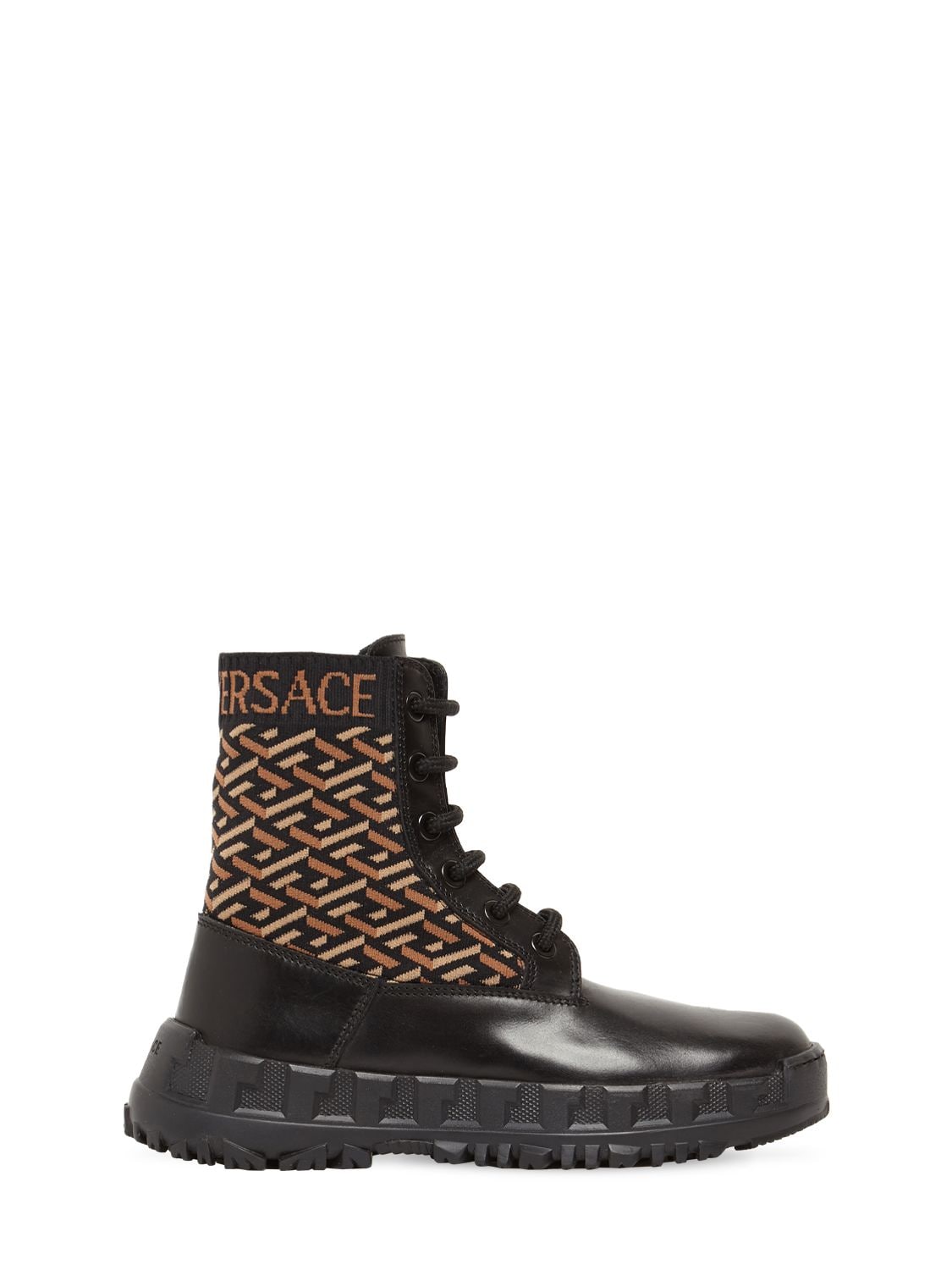 Versace Kids' Logo Print Lace-up Leather Boots In 블랙