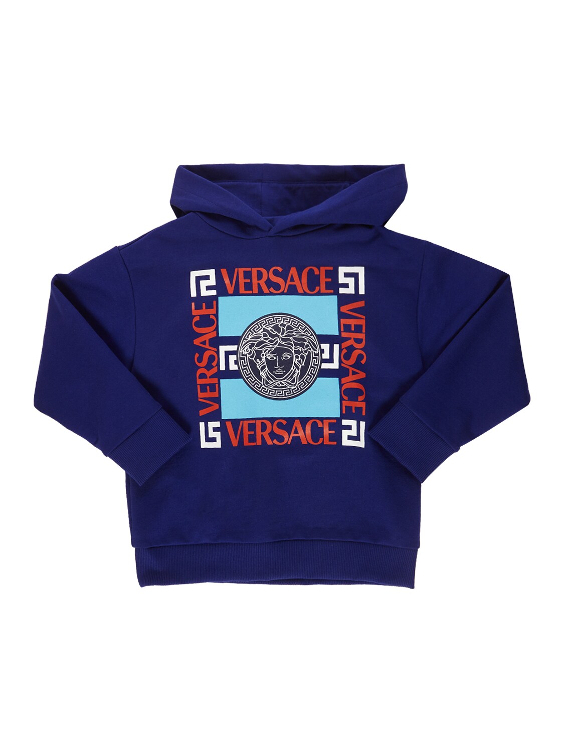Versace Kids' Logo Print Cotton Sweatshirt Hoodie In Blue