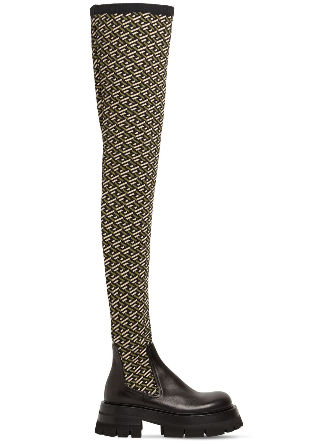 VERSACE 60MM STRETCH KNIT & LEATHER BOOTS,74IM7E004-NUIXNTA1