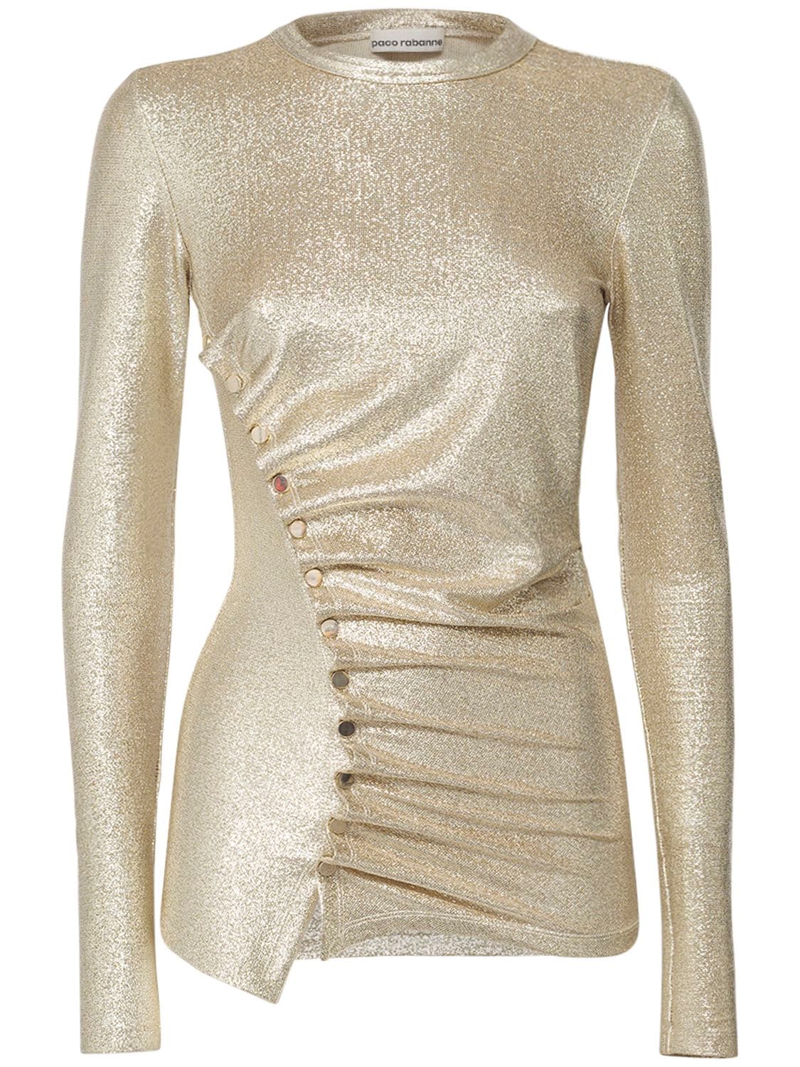 Paco Rabanne Stretch Jersey Lurex Long Sleeve Top In Silver,gold