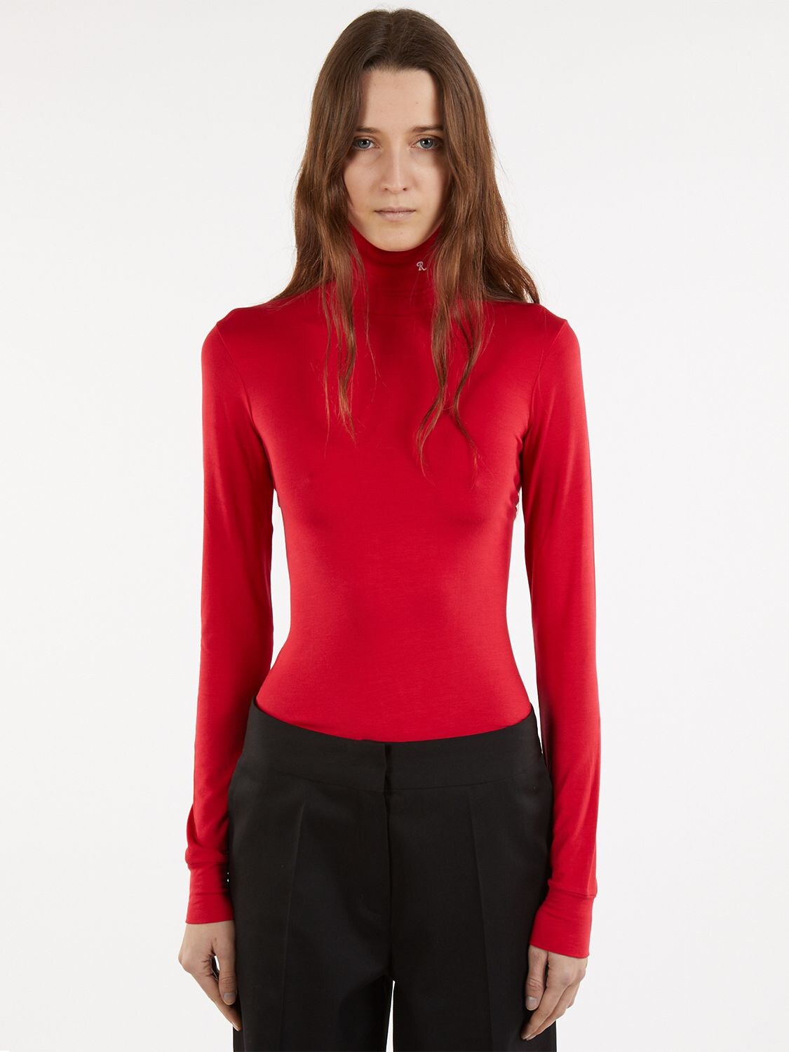 Raf Simons Womens Red White Embroidered Turtleneck Stretch jersey Top S ModeSens