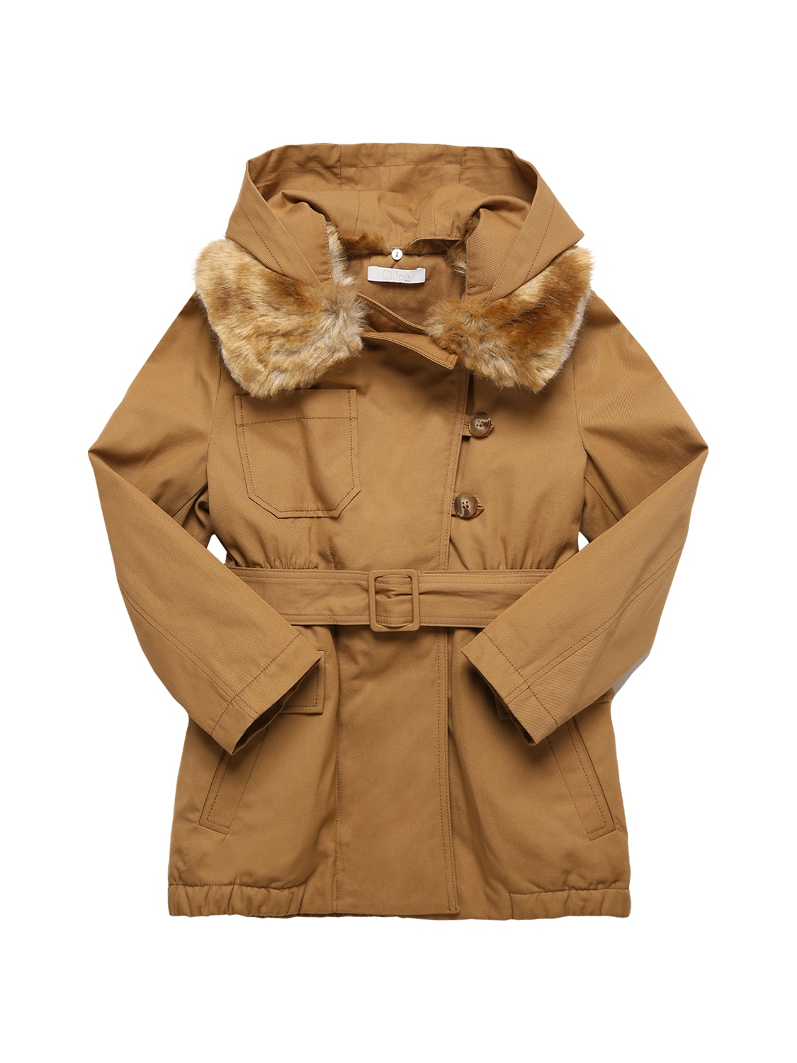 Chloé Kids' Cotton Twill Coat W/ Faux Fur Collar In Beige