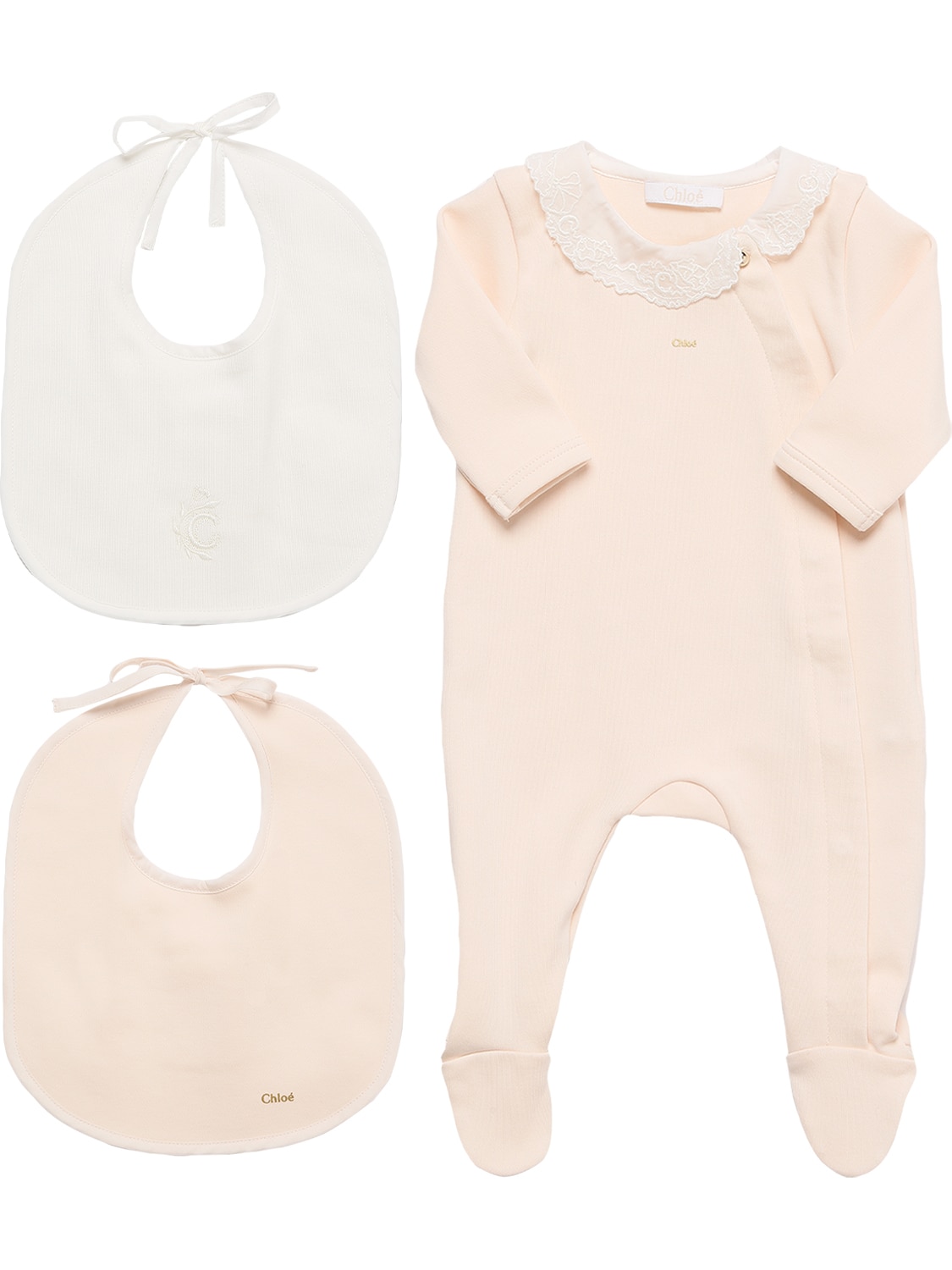 Chloé Babies' Cotton Interlock Romper & 2 Bibs In Pink