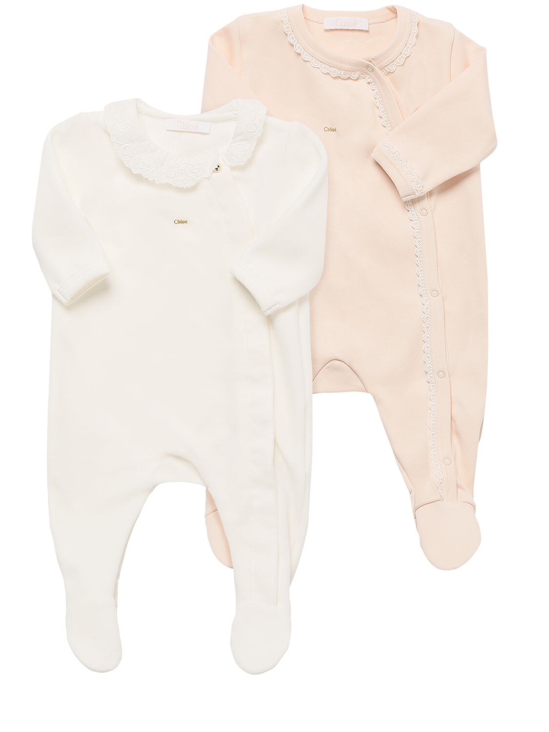 Chloé Babies' Set Of 2 Cotton Interlock Rompers In White,pink