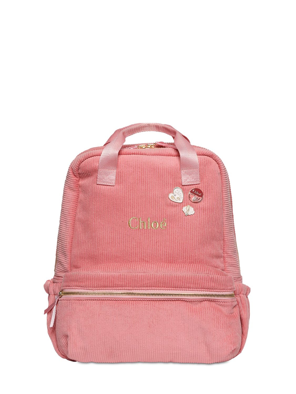 Chloé Kids' Logo Embroidery Corduroy Backpack In Dark Pink