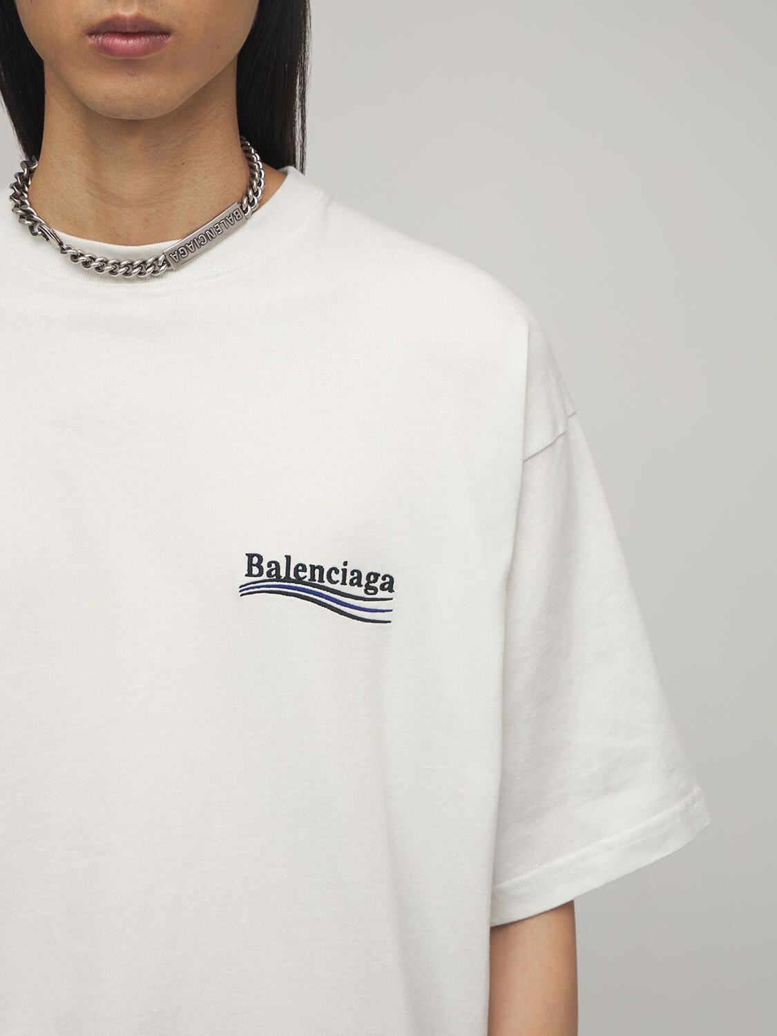 Shop Balenciaga Political Logo Cotton Jersey T-shirt In Dirty White