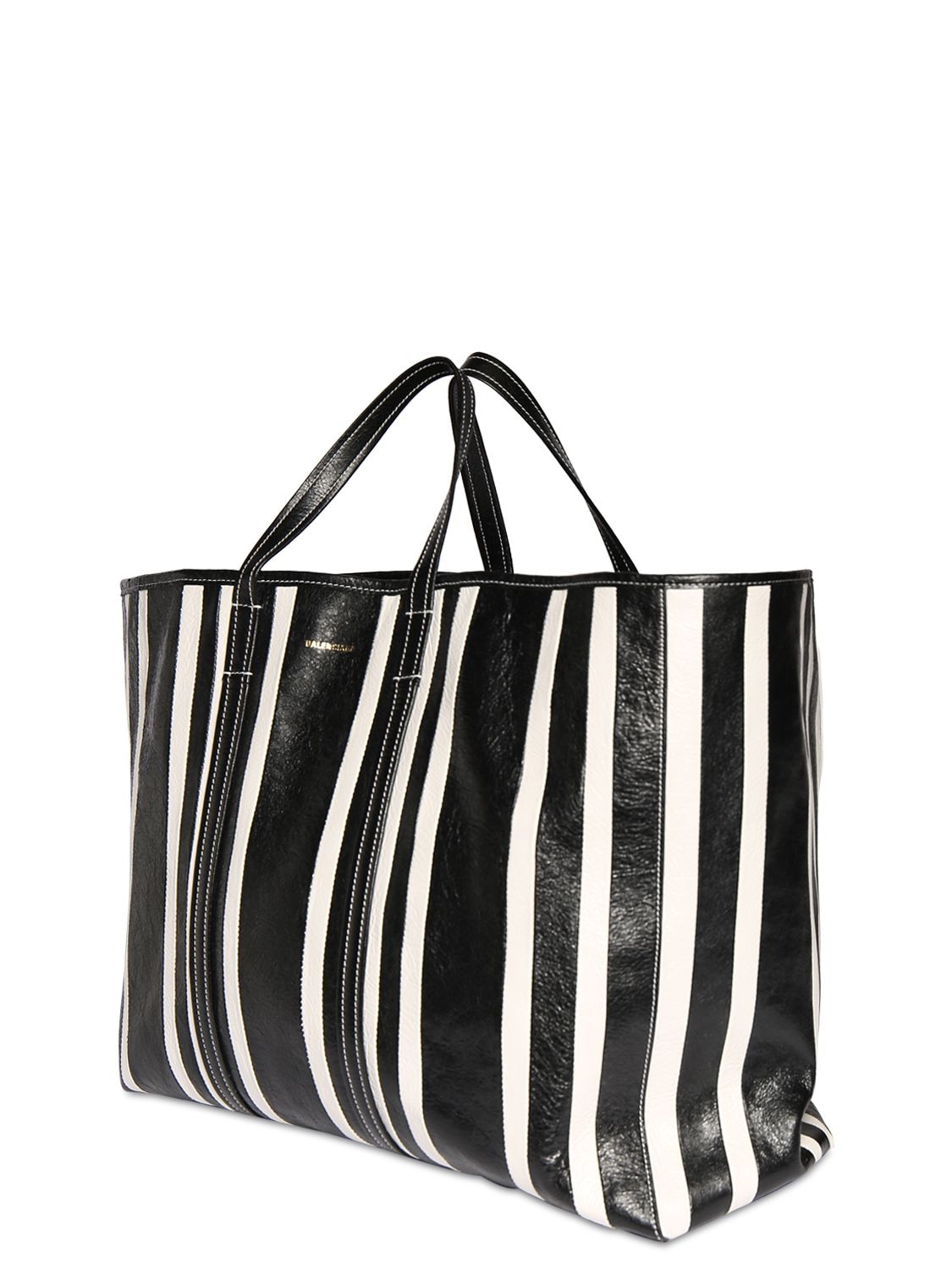 Shop Balenciaga Striped Leather Tote Bag In Black,white