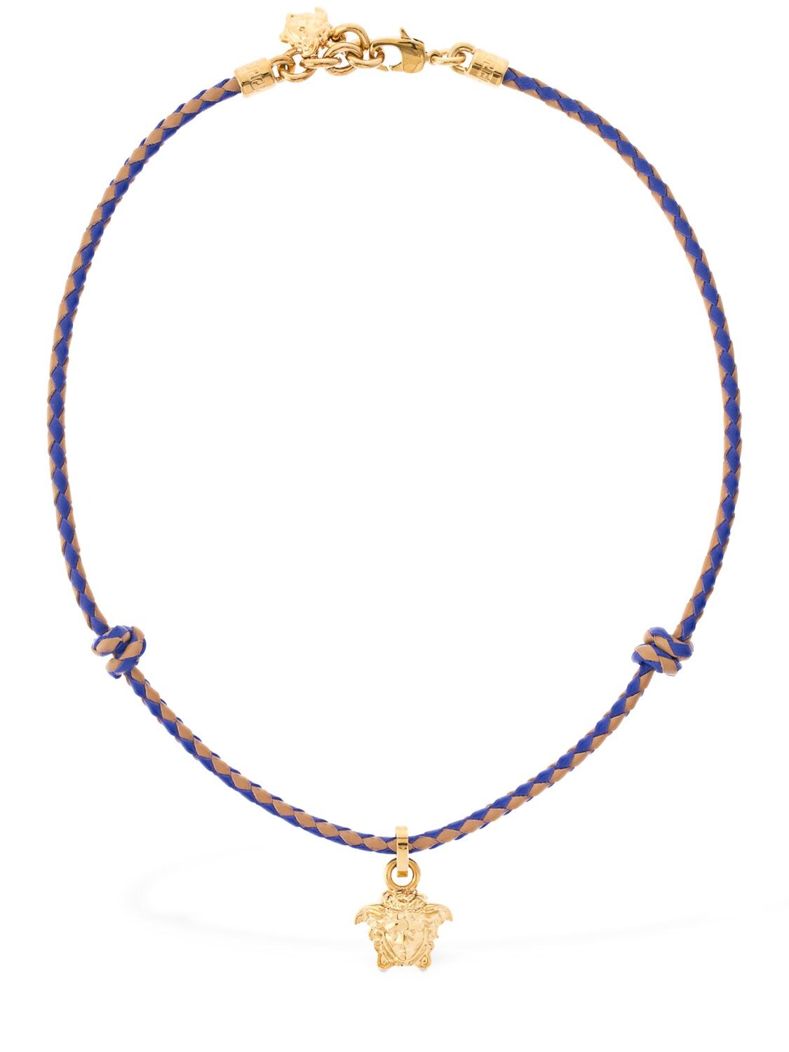 Versace Medusa Charm Leather Chain Necklace In Blue,beige