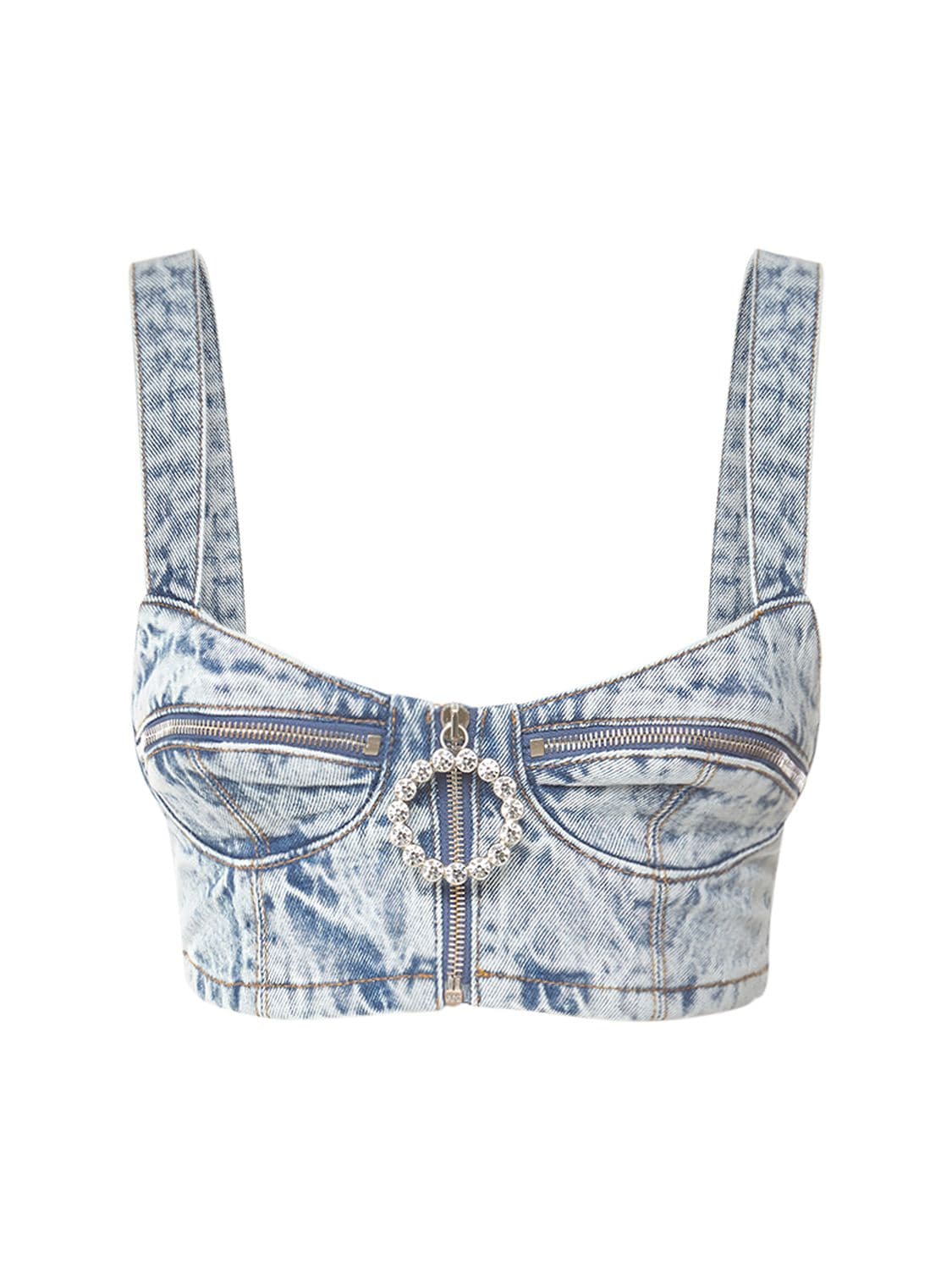 ALESSANDRA RICH EMBELLISHED COTTON DENIM BRA TOP,74IRKM030-MTK2MQ2