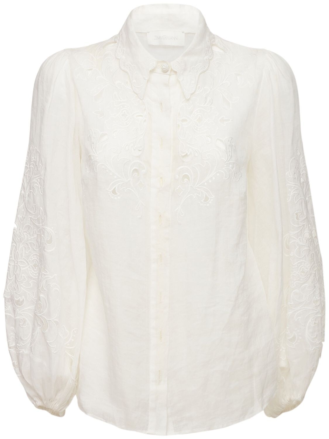 Zimmermann Nina Floral Embroidered Cutout Ramie Blouse In Weiss | ModeSens