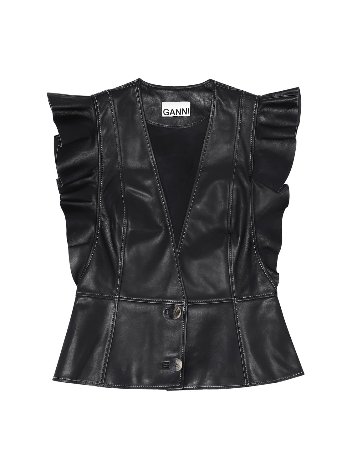 Ganni Ruffled Leather Vest In Black | ModeSens