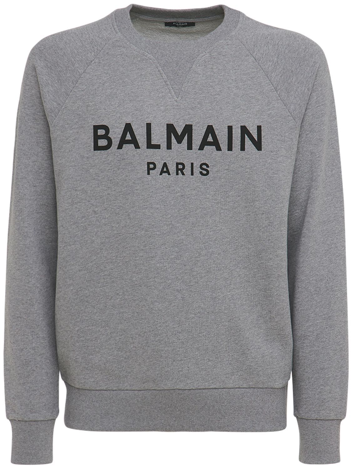 Balmain Logo Print Cotton Jersey Sweatshirt In Grey,white