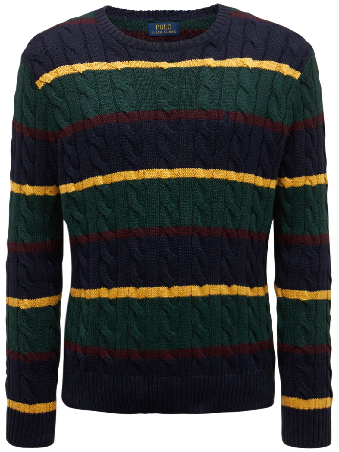 Cotton Stripe Cable Knit Regular Fit Crewneck Sweater In Navy Multi Stripe