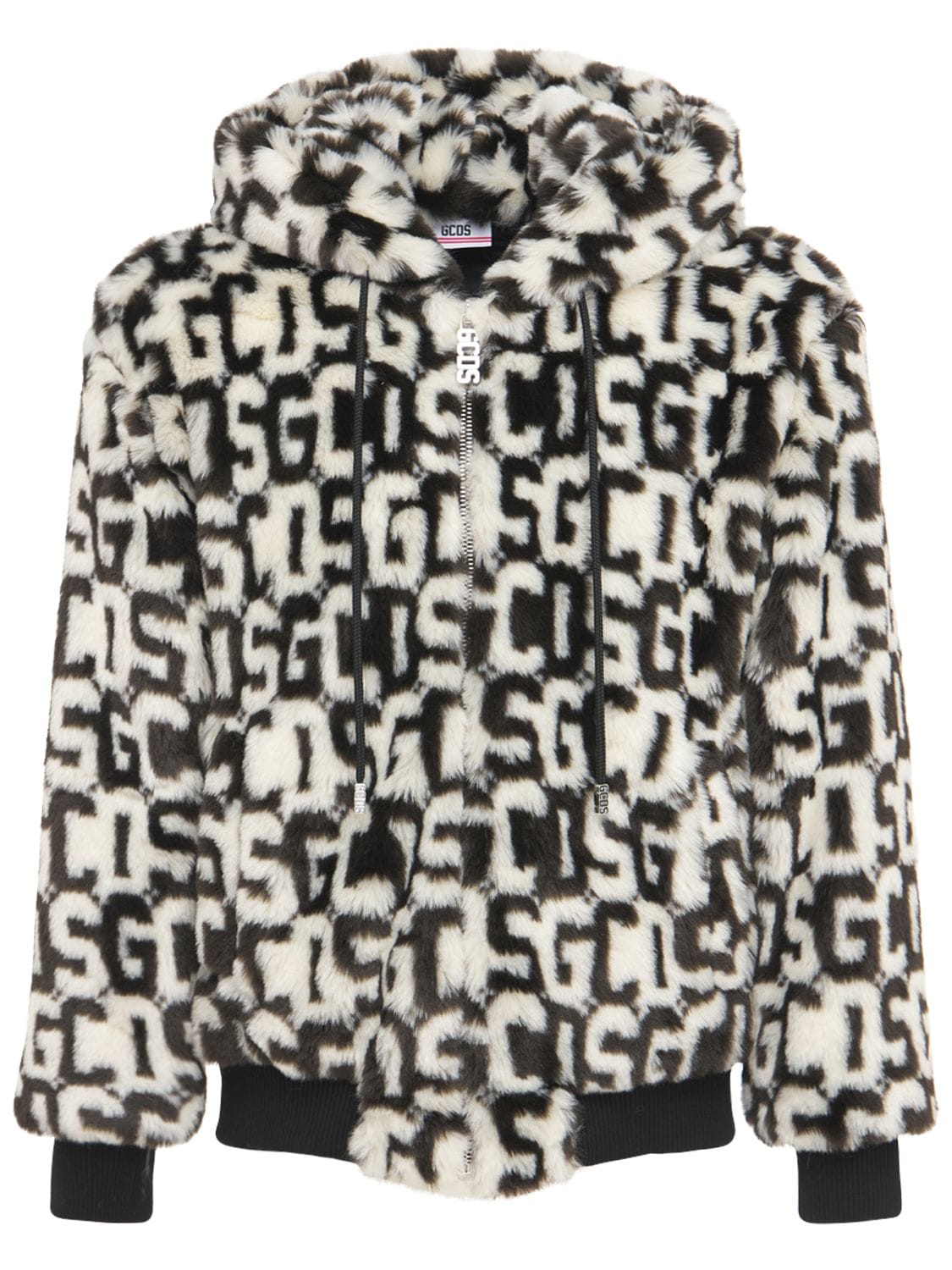 Gcds Monogram Hooded Faux Fur Jacket In Black