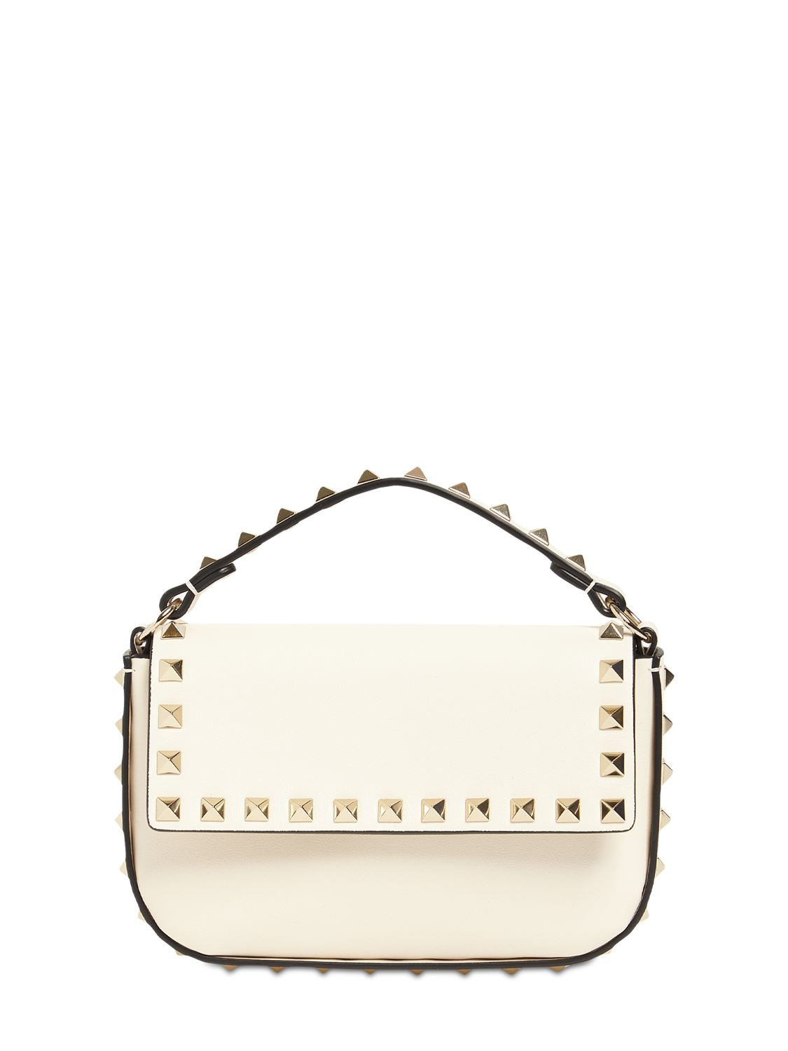 Valentino Garavani Small Leather Rockstud Top Handle Bag In Light Ivory