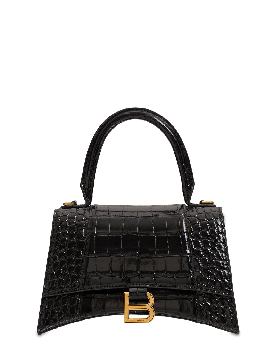 Balenciaga Hourglass Croc-embossed Leather Top Handle Bag In Black ...