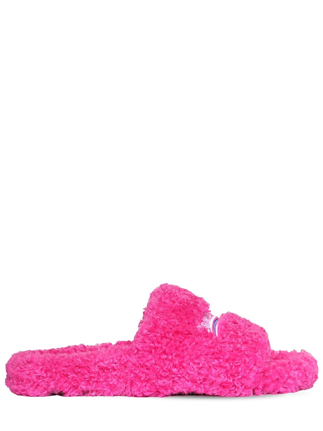 Balenciaga Furry Logo-embroidered Faux Shearling Slides In Pink 