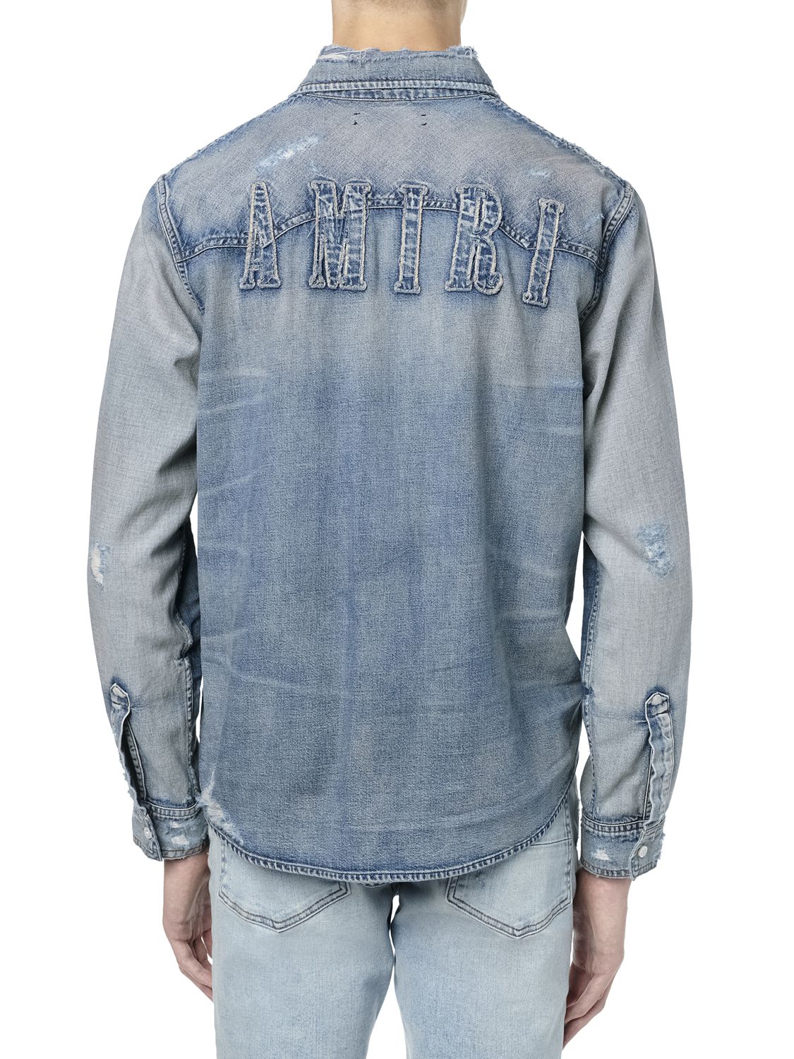 Amiri Logo Applique Cotton Denim Shirt In Clay Indigo | ModeSens