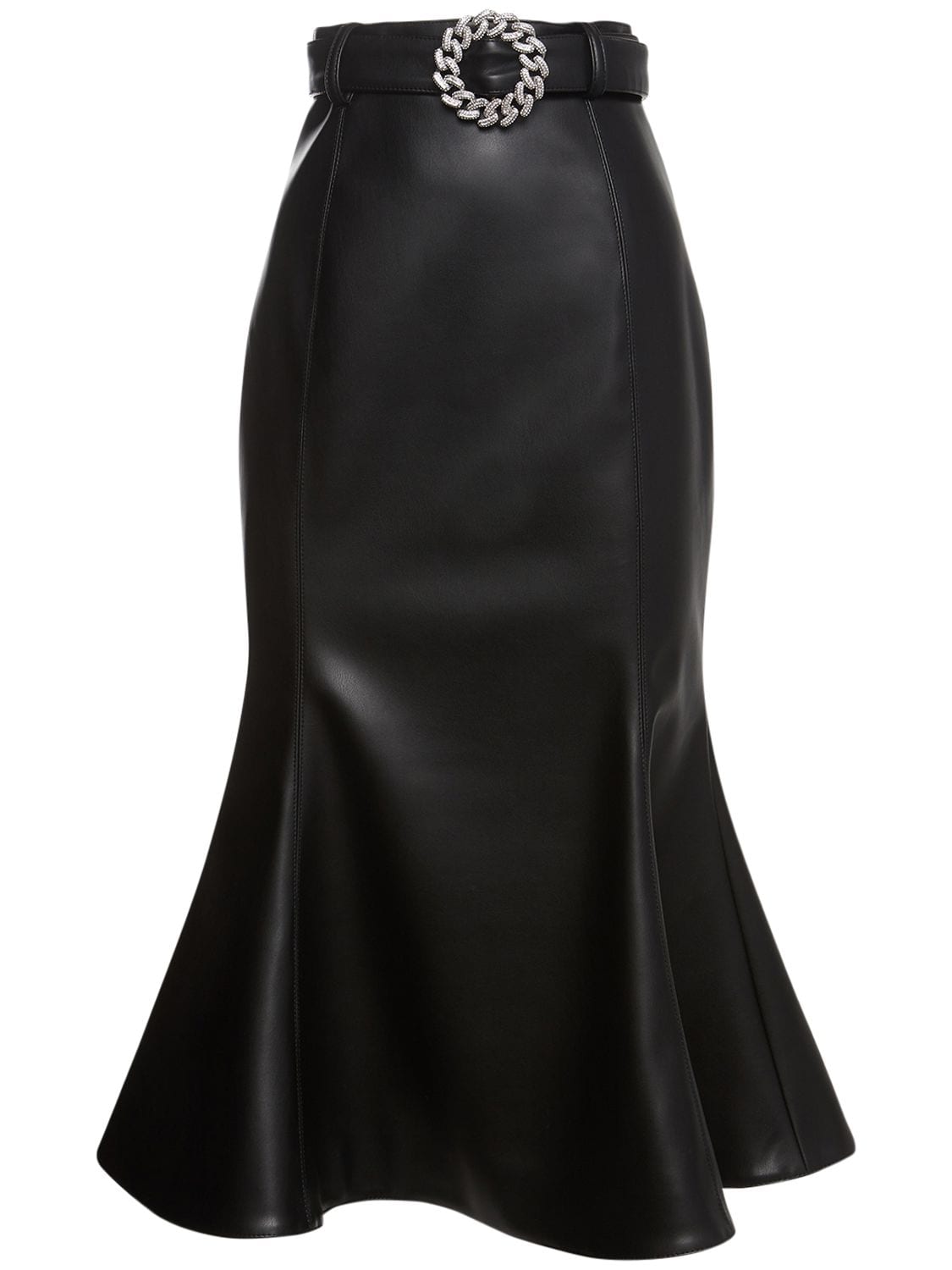 Belted Faux Leather Midi Skirt